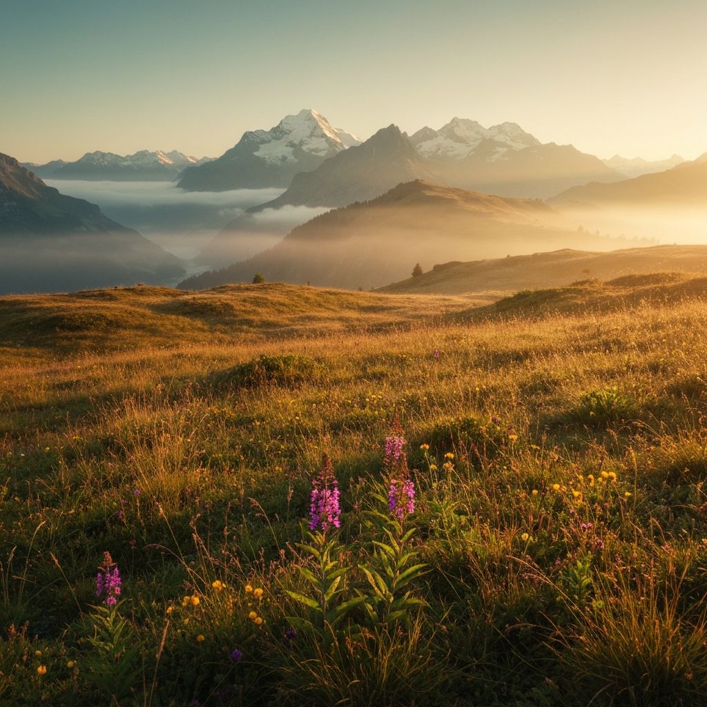 Swiss highland meadow at sunrise